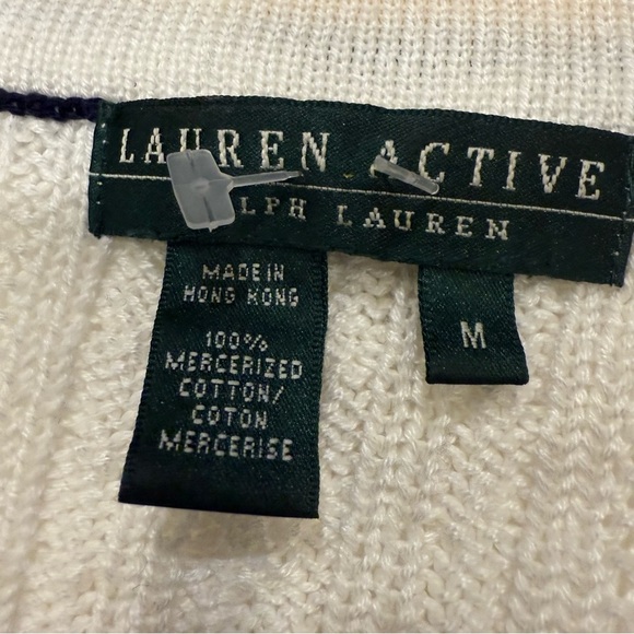 Ralph Lauren Women’s Cable-Knit  V-Neck Sweater White Navy/yellow Trim Sz M - Picture 7 of 16